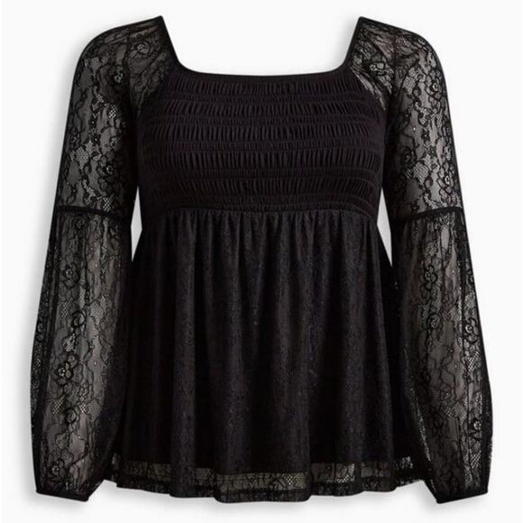 Torrid Babydoll Stretch Lace Smocked Bodice Square Neck Top - Picture 4 of 4